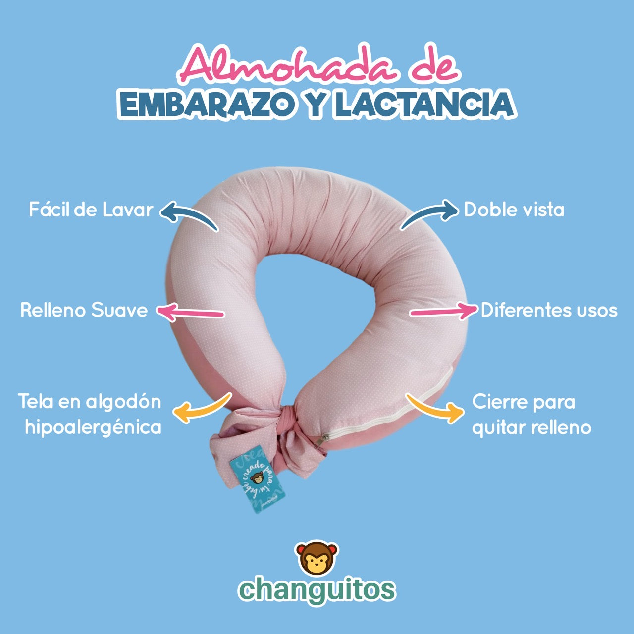 Almohada 3 en 1 Embarazo, Lactancia, Antireflujo Color Rosa