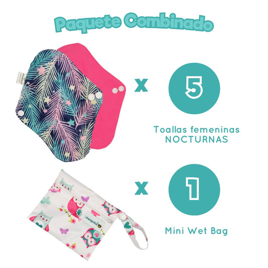 Pq 5 Toallas Nocturnas Ecológicas Bambu 27x19+wet Bag Regalo