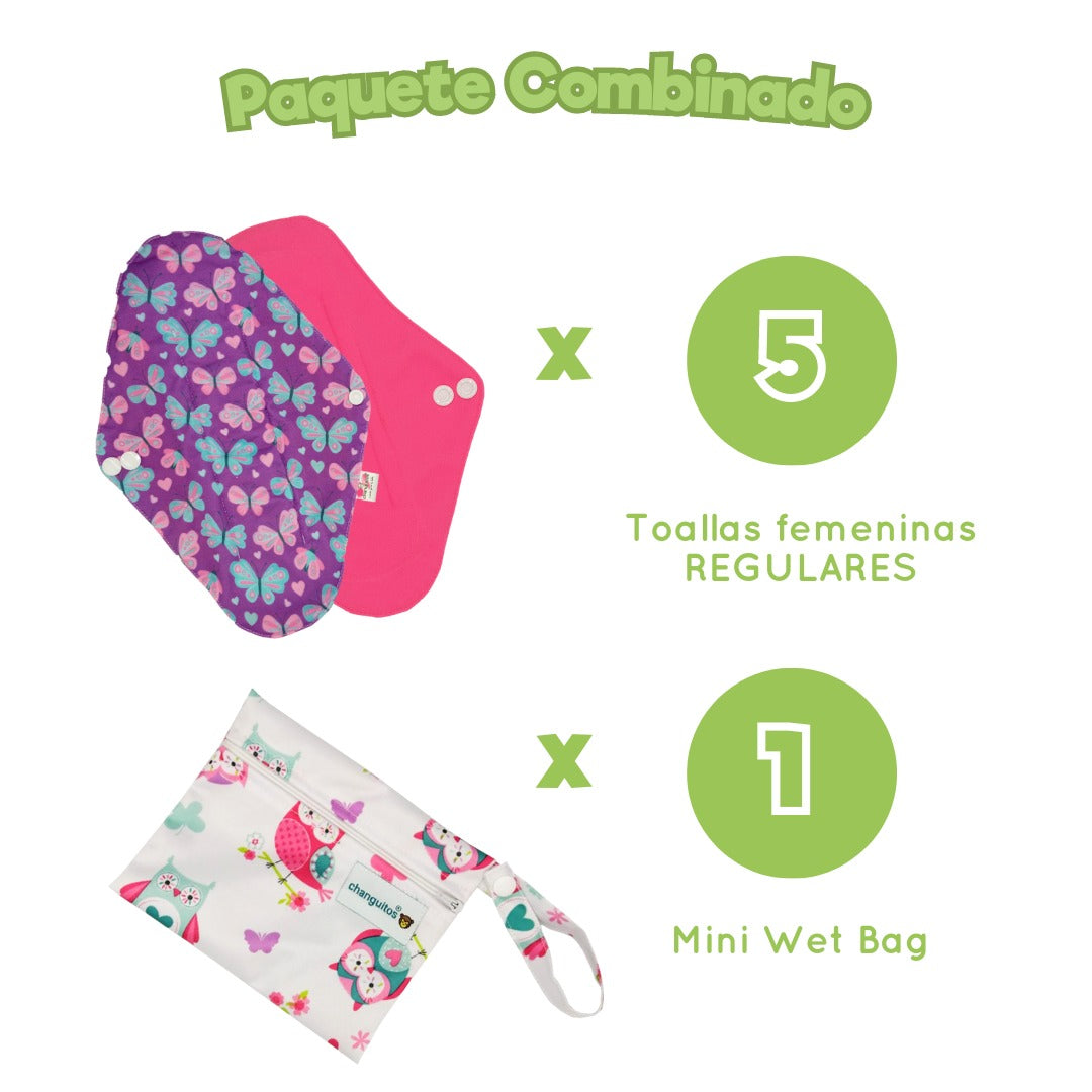 Pq 5 Toallas Fem Regulares Ecológicas 24x18 + Wet Bag Regalo